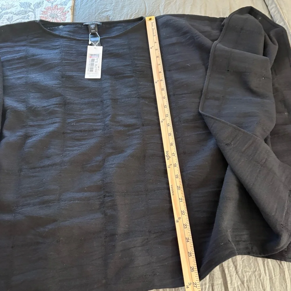 Eileen Fisher Wool Gauze Grid Poncho Black. One Size. - Picture 10 of 12